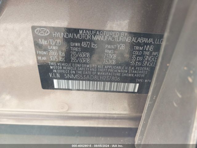5NMS53AD8LH237806 Hyundai Santa Fe Limited