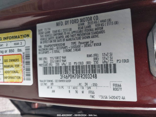 Ford FUSION SE 2015 3FA6P0H70FR203248 Image 9