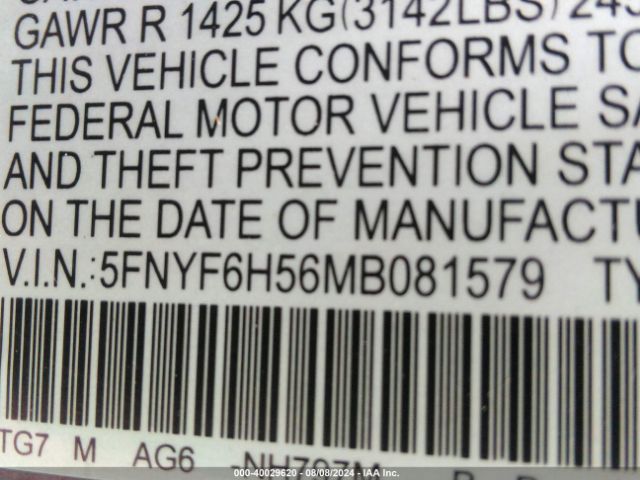 5FNYF6H56MB081579 Honda Pilot Awd Ex-l