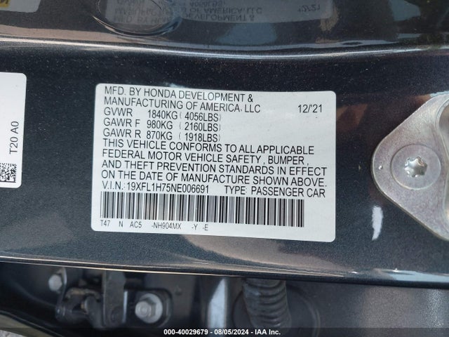 Honda Civic Ex-l 2022 19XFL1H75NE006691 Image 9