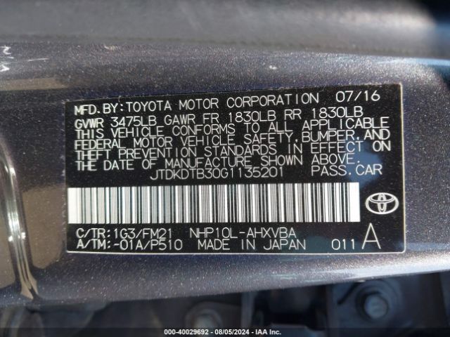 JTDKDTB30G1135201 Toyota Prius C Two