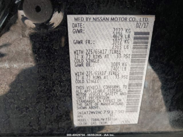 5N1AT2MV2HC793790 Nissan ROGUE S