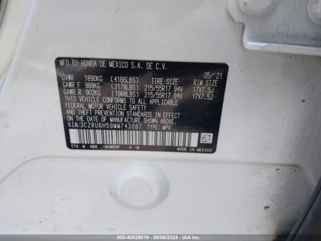 3CZRU6H59MM743087 Honda Hr-v Awd Ex