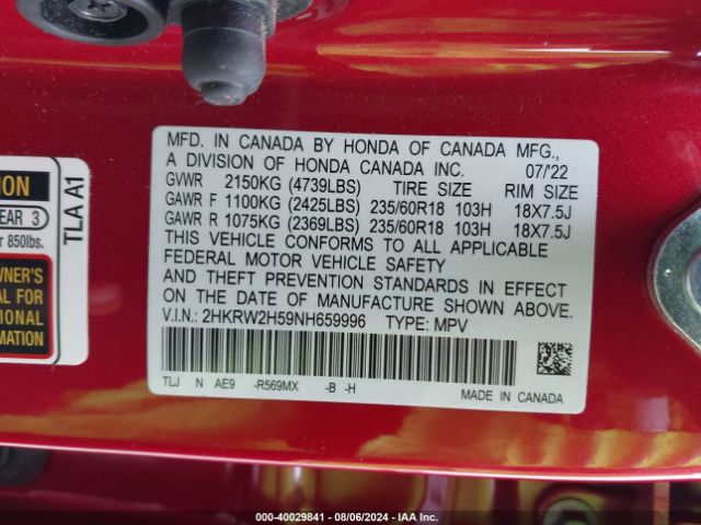 2HKRW2H59NH659996 Honda Cr-v Awd Ex