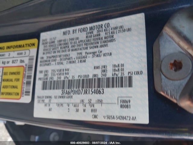 Ford FUSION SE 2018 3FA6P0HD7JR154063 Image 9