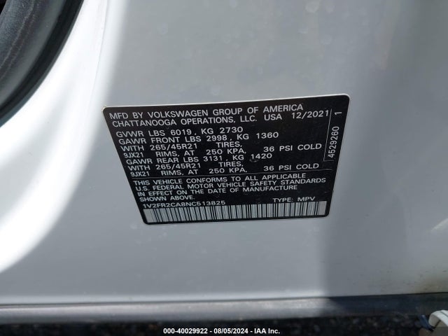 1V2FR2CA8NC513825 Volkswagen Atlas 3.6l V6 Sel Premium R-line