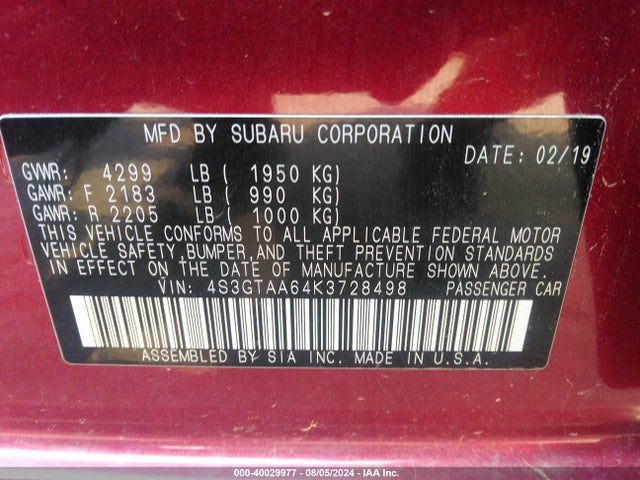Subaru Impreza 2.0i 2019 4S3GTAA64K3728498 Image 9