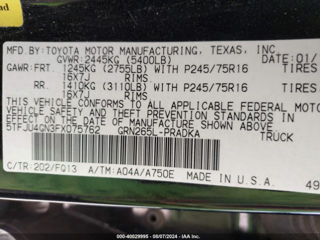 5TFJU4GN3FX075762 Toyota Tacoma Prerunner V6