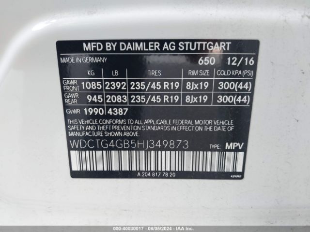 WDCTG4GB5HJ349873 Mercedes-Benz Gla 250 4matic