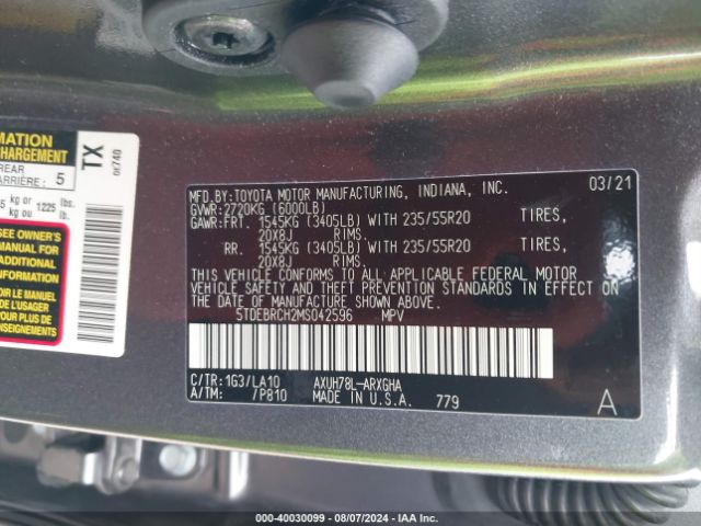 5TDEBRCH2MS042596 Toyota Highlander Hybrid Platinum