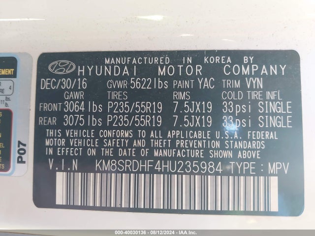 Hyundai Santa Fe Limited Ultimate 2017 KM8SRDHF4HU235984 Image 9