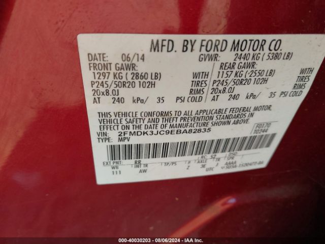2FMDK3JC9EBA82835 Ford EDGE SEL