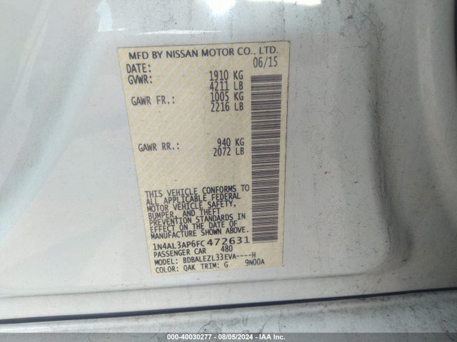Nissan Altima 2.5 S 2015 1N4AL3AP6FC472631 Image 9