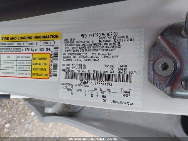 Ford FUSION SE 2019 3FA6P0HD9KR235292 Image 9