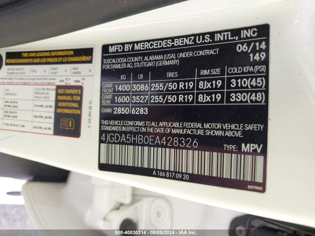 4JGDA5HB0EA428326 Mercedes-Benz Ml 350 4matic