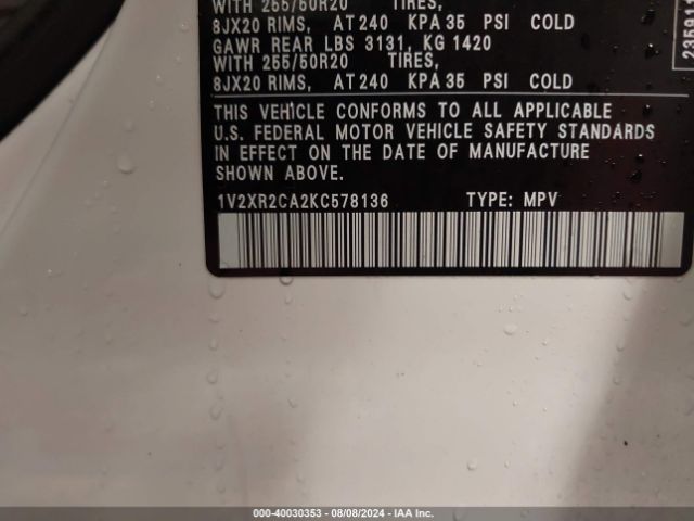 1V2XR2CA2KC578136 Volkswagen Atlas 3.6l V6 Se W/technology R-line