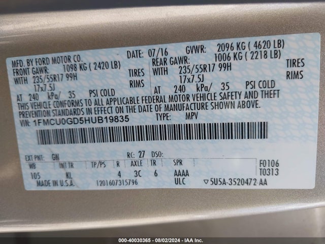 Ford ESCAPE SE 2017 1FMCU0GD5HUB19835 Image 9