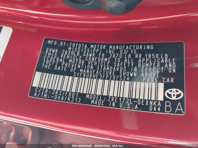 Toyota COROLLA LE 2015 5YFBURHE3FP297524 Image 9