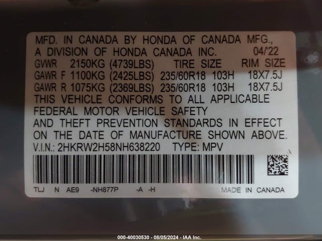 Honda Cr-v Awd Ex 2022 2HKRW2H58NH638220 Image 9