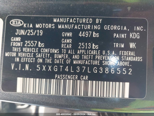 KIA Optima Lx 2020 5XXGT4L37LG386552 Image 9