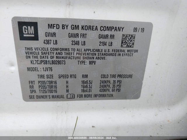 Chevrolet Trax Awd Lt 2020 KL7CJPSB1LB028073 Image 9
