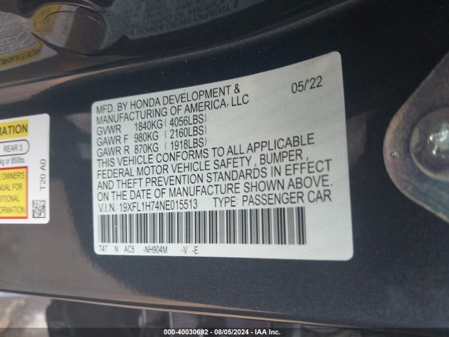 Honda Civic Ex-l 2022 19XFL1H74NE015513 Image 9
