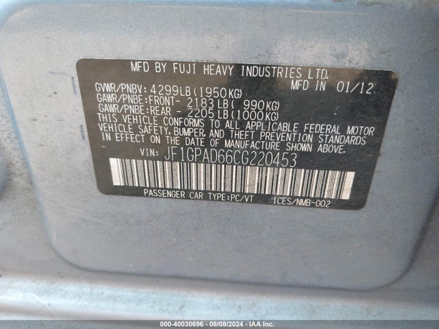 2012 Subaru Impreza 2.0i Premium მანქანა იყიდება აუქციონზე, vin: JF1GPAD66CG220453, აუქციონის ნომერი: 40030696