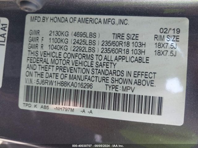 5J6RW1H88KA016296 Honda Cr-v Ex-l
