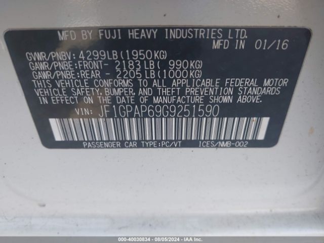 JF1GPAP69G9251590 Subaru Impreza 2.0i Sport Premium