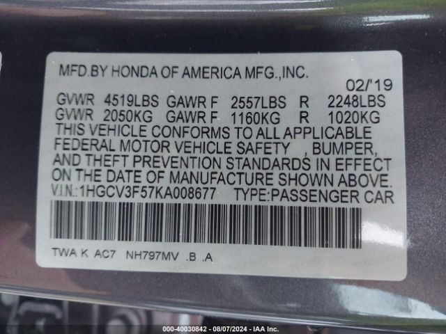 1HGCV3F57KA008677 Honda Accord Hybrid Ex-l