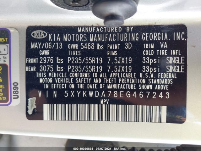 5XYKWDA78EG467243 KIA Sorento Sx V6