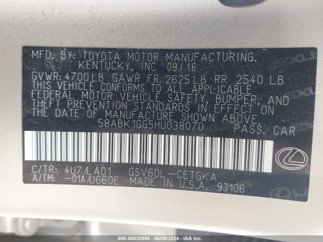 58ABK1GG5HU038070 Lexus ES 350