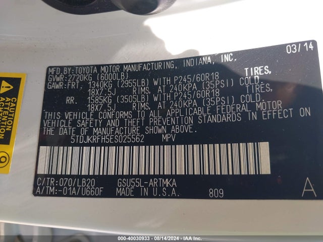 Toyota Highlander Xle V6 2014 5TDJKRFH5ES025562 Image 9