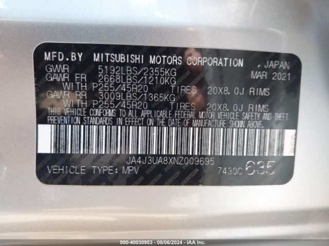JA4J3UA8XNZ009695 Mitsubishi Outlander Black Edition 2wd/se 2.5 2wd/se Launch Edition 2wd