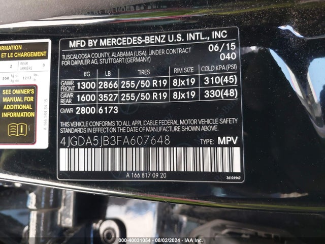 Mercedes-Benz ML 350 2015 4JGDA5JB3FA607648 Image 9