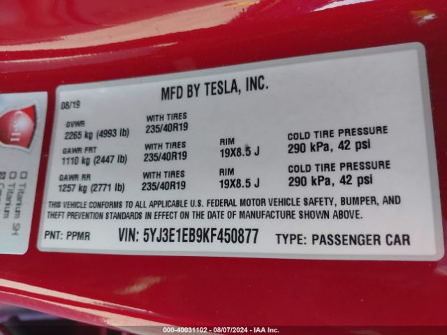 5YJ3E1EB9KF450877 Tesla Model 3 Long Range/performance