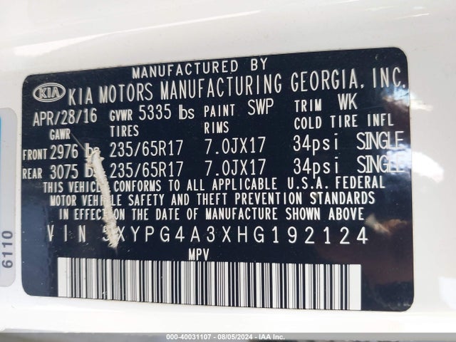 5XYPG4A3XHG192124 KIA Sorento 2.4l Lx