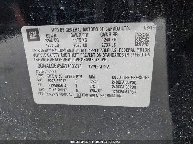 Chevrolet EQUINOX LT 2016 2GNALCEK5G1112211 Image 9