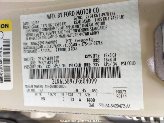 3LN6L5B97JR604099 Lincoln Mkz Premiere