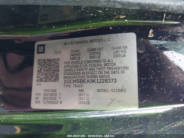 1GCHSBEA5K1228373 Chevrolet Colorado Wt