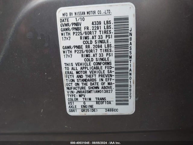 40031045 :رقم المزاد ، JN8AS5MT1AW013827 vin ، 2010 Nissan Rogue Sl مزاد بيع