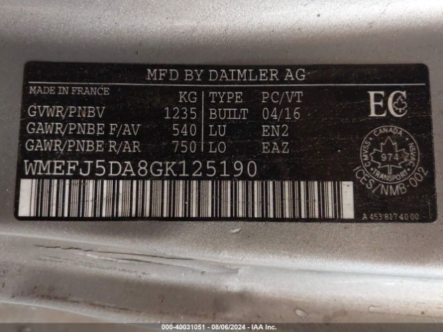 WMEFJ5DA8GK125190 Smart Fortwo Passion/prime/proxy/pure