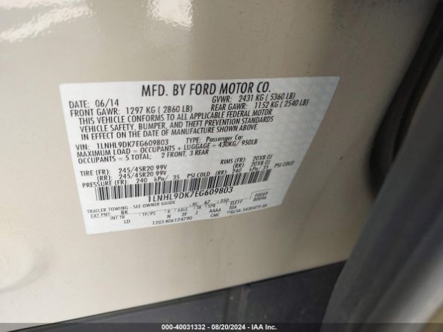 1LNHL9DK7EG609803 Lincoln MKS