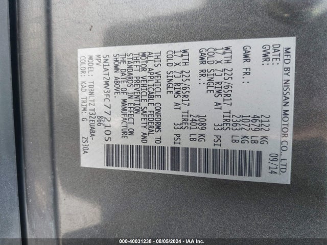 Nissan ROGUE SV 2015 5N1AT2MV3FC772105 Image 9