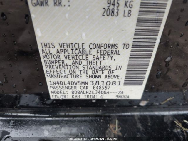 1N4BL4DV5MN381081 Nissan Altima Sv Fwd