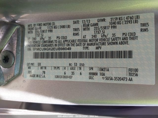 1FMCU9GX2EUB98049 Ford ESCAPE SE