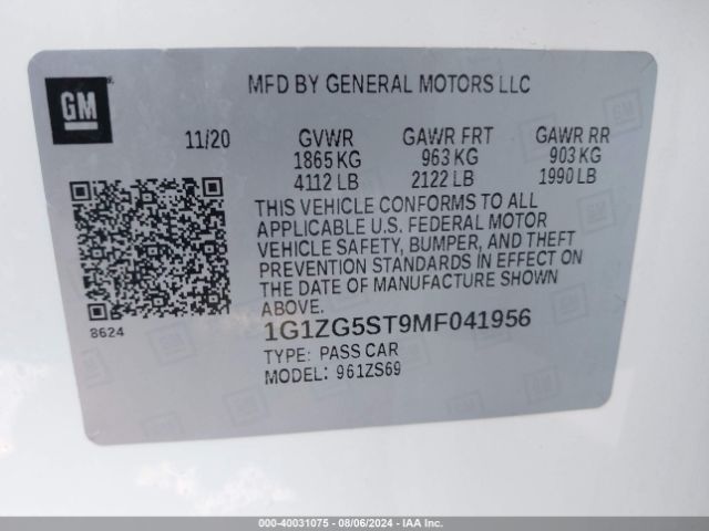 1G1ZG5ST9MF041956 Chevrolet Malibu Fwd Rs