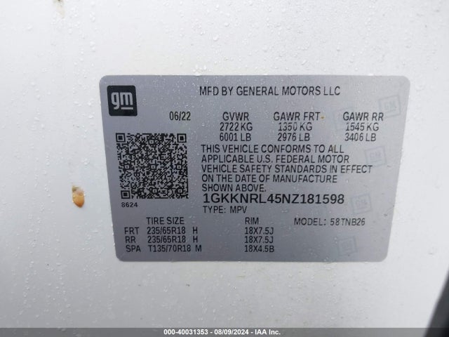 1GKKNRL45NZ181598 GMC Acadia Awd Sle