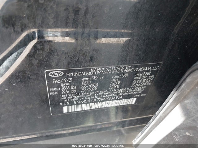 Hyundai Santa Fe Sel 2021 5NMS64AJ2MH336924 Image 9