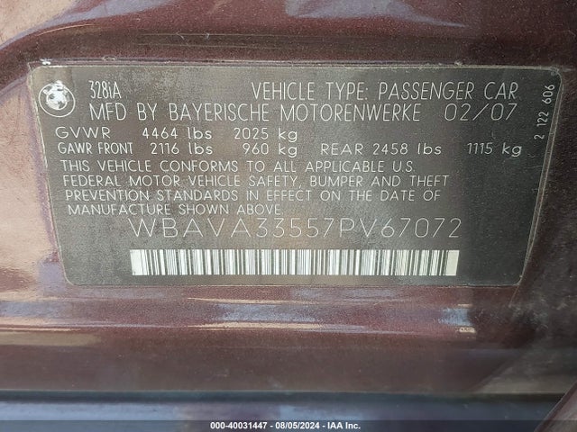 Продаж на аукціоні авто 2007 Bmw 328i, vin: WBAVA33557PV67072, номер лоту: 40031447